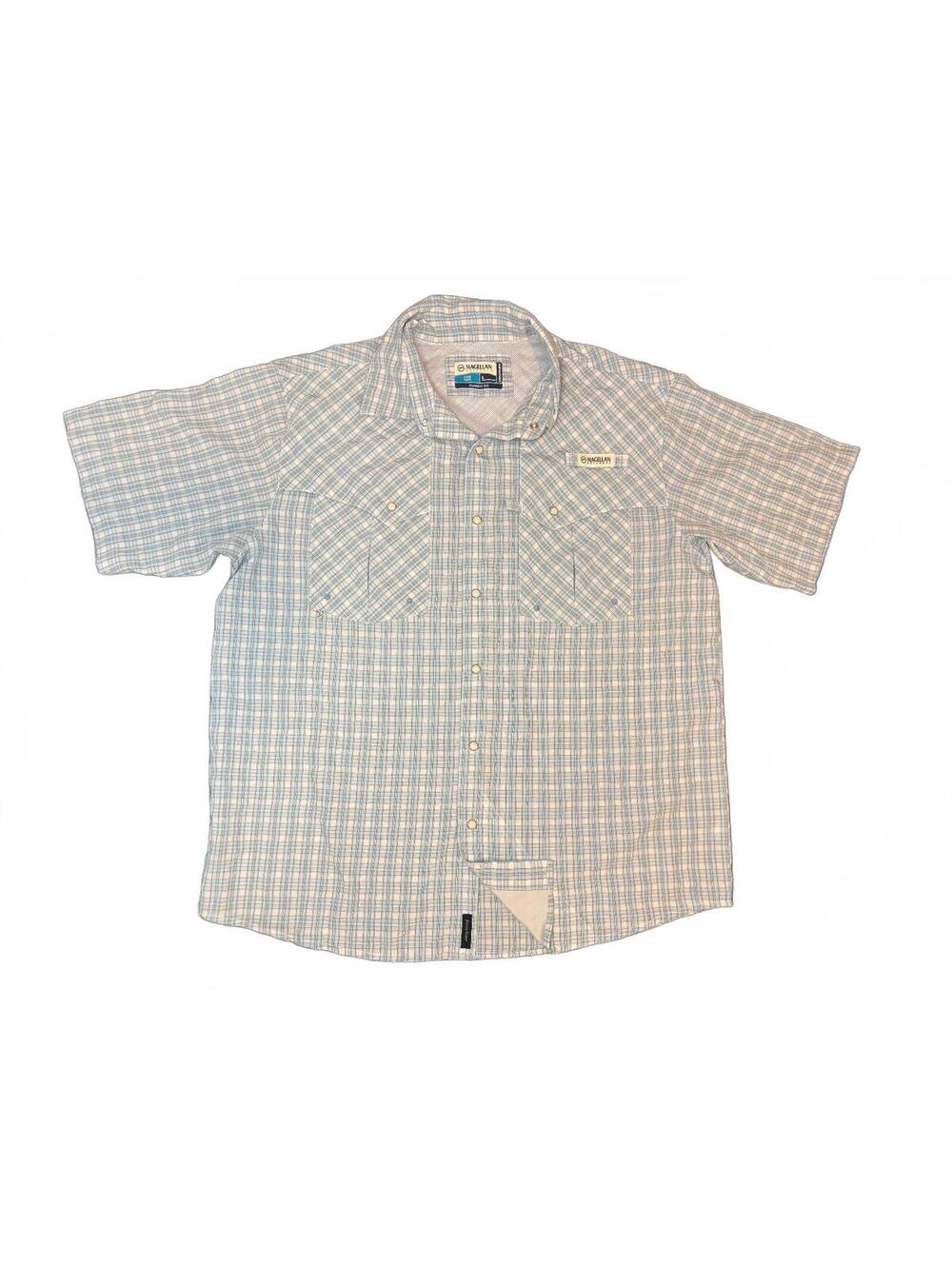 Magellan Outdoors Men's Large Classic Fit Fish Gear Plaid Shirt Light Blue White